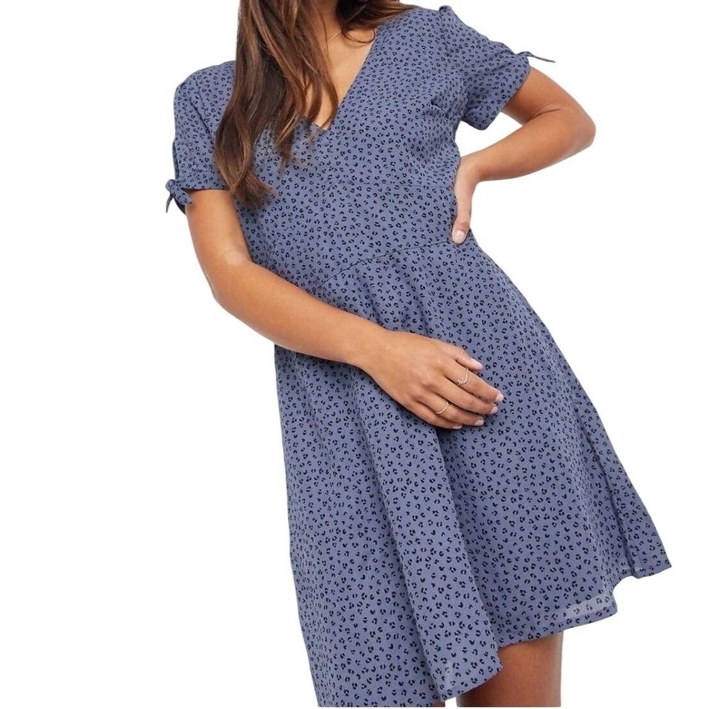Abercrombie & Fitch Blue Animal Print Puff Sleeve Mini Dress Womens S Smock Back
